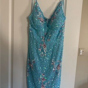 Elegant Blue Floral Embellished Midi Dress